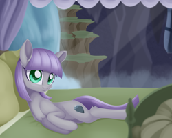 Size: 1926x1539 | Tagged: safe, artist:dusthiel, maud pie, earth pony, pony, bed, cheek fluff, chest fluff, cute, ear fluff, female, leg fluff, looking at you, mare, maud's cave, maudabetes, on side, pillow, solo, waterfall
