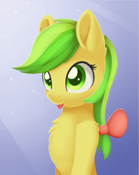 Size: 585x740 | Tagged: safe, artist:dusthiel, apple fritter, pony, :p, apple family member, bow, cheek fluff, chest fluff, crepuscular rays, cute, ear fluff, fritterbetes, hair bow, shoulder fluff, silly, solo, tongue out