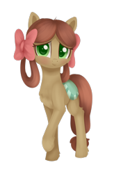 Size: 1200x1830 | Tagged: safe, artist:dusthiel, yona, earth pony, pony, she's all yak, blushing, bow, female, hair bow, looking at you, mare, monkey swings, ponified, pony yona, raised hoof, simple background, solo, species swap, transparent background