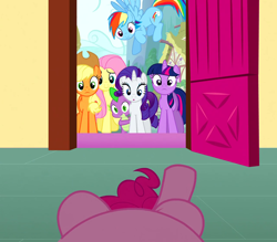 Size: 1280x1121 | Tagged: safe, derpibooru import, screencap, applejack, fluttershy, pinkie pie, rainbow dash, rarity, spike, twilight sparkle, dragon, earth pony, pegasus, pony, unicorn, too many pinkie pies, out of context, varying degrees of want