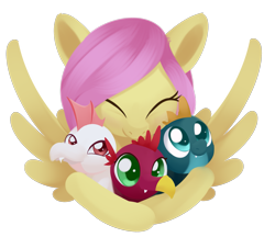 Size: 2007x1734 | Tagged: safe, artist:dusthiel, baby cinder, baby rubble, baby sparks, fluttershy, dragon, pegasus, pony, sweet and smoky, baby, baby dragon, colored pupils, cute, eyes closed, female, hug, mare, shyabetes, simple background, smiling, transparent background
