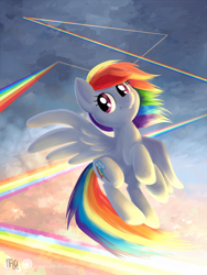 Size: 900x1200 | Tagged: safe, artist:1trick, derpibooru import, rainbow dash, pegasus, pony, flying, looking at you, smiling, solo, spread wings