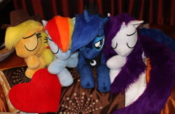 Size: 2549x1659 | Tagged: safe, artist:ponimalion, applejack, princess luna, rainbow dash, rarity, alicorn, earth pony, pegasus, pony, unicorn, applejack's hat, cowboy hat, female, hat, heart, heart pillow, life size, mare, pillow, sleeping