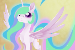 Size: 2340x1576 | Tagged: safe, artist:dusthiel, princess celestia, alicorn, pony, :3, cute, cutelestia, female, looking at you, mare, missing accessory, smiling, solo, spread wings, wings