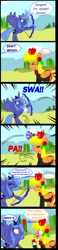 Size: 1135x4924 | Tagged: safe, artist:avchonline, princess luna, oc, oc:sean, alicorn, pegasus, pony, ..., apple, arrow, blushing, bow (weapon), bow and arrow, censored vulgarity, clothes, comic, dialogue, eyes closed, female, flower, flower in hair, food, glowing horn, grawlixes, hoof hold, hoof shoes, horn, impalement, injured, magic, male, mare, onomatopoeia, s1 luna, scared, screw physics, stallion, suit, surprised, telekinesis, weapon, wide eyes