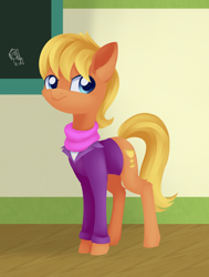 Size: 1864x2464 | Tagged: safe, artist:dusthiel, ms. harshwhinny, earth pony, pony, chalkboard, cheek fluff, clothes, female, leg fluff, mare, solo