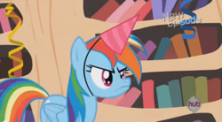 Size: 640x354 | Tagged: safe, screencap, rainbow dash, pegasus, pony, daring don't, exploitable, face, faic, hat, party hat, solo