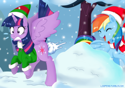 Size: 1000x707 | Tagged: safe, artist:pijinpyon, rainbow dash, twilight sparkle, twilight sparkle (alicorn), alicorn, pegasus, pony, clothes, coat, cold, female, hat, laughing, mare, santa hat, scarf, snow, snowball, snowfall, wingboner, winter