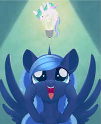 Size: 1117x1378 | Tagged: safe, artist:dusthiel, princess celestia, princess luna, alicorn, pony, atg 2019, cute, female, lightbulb, lunabetes, newbie artist training grounds, royal sisters, royalty, smiling