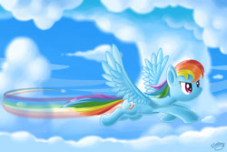 Size: 1024x683 | Tagged: safe, artist:emeraldgalaxy, derpibooru import, rainbow dash, pegasus, pony, cloud, flying, rainbow trail, solo