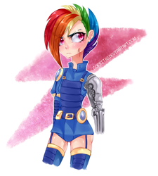 Size: 1517x1685 | Tagged: safe, artist:zorbitas, derpibooru import, rainbow dash, human, the cutie re-mark, alternate timeline, amputee, apocalypse dash, automail, crystal war timeline, fullmetal alchemist, humanized, prosthetic limb, solo, underass