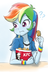 Size: 504x746 | Tagged: safe, artist:ta-na, derpibooru import, rainbow dash, equestria girls, cropped, implied scootachicken, kfc, question mark, solo