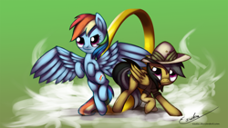 Size: 2000x1125 | Tagged: safe, artist:esuka, daring do, rainbow dash, pegasus, pony, daring don't, rings of scorchero