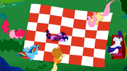 Size: 1178x662 | Tagged: safe, derpibooru import, screencap, applejack, fluttershy, pinkie pie, rainbow dash, rarity, twilight sparkle, earth pony, pegasus, pony, unicorn, lesson zero, aerial view, derp, mane six, weird, wtf