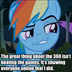 Size: 862x865 | Tagged: safe, rainbow dash, pegasus, pony, daring don't, 360 kid, ecks bawks kid, image macro, smugdash, solo