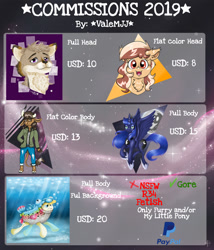 Size: 768x896 | Tagged: safe, artist:valemjj, princess luna, oc, alicorn, anthro, pony, advertisement, anthro with ponies, bust, commission, commission info, female, furry oc, hoof shoes, mare, non-mlp oc, peytral, rainbow trout (character), underwater