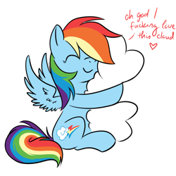 Size: 900x900 | Tagged: safe, artist:reuniclus, derpibooru import, rainbow dash, pegasus, pony, cloud, cute, dashabetes, eyes closed, heart, hug, simple background, solo, that pony sure does love clouds, vulgar, white background