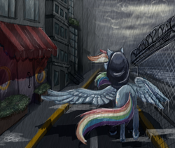 Size: 2374x2000 | Tagged: safe, artist:mayasnou, derpibooru import, rainbow dash, pegasus, pony, city, hood, ocean, rain, solo, storm