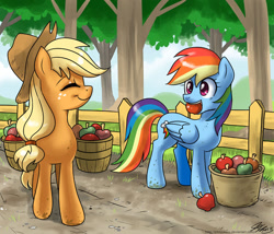 Size: 1000x857 | Tagged: safe, artist:johnjoseco, derpibooru import, applejack, rainbow dash, earth pony, pegasus, pony, apple