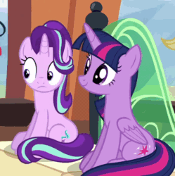 Size: 494x495 | Tagged: safe, derpibooru import, screencap, rainbow dash, starlight glimmer, twilight sparkle, twilight sparkle (alicorn), alicorn, pegasus, pony, the crystalling, animated, blinking, female, mare, offscreen character, sitting
