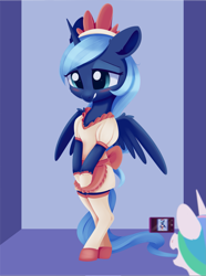 Size: 1379x1852 | Tagged: safe, artist:dusthiel, princess celestia, princess luna, alicorn, pony, atg 2019, bipedal, blushing, camera, clothes, dress, embarrassed, female, maid, mare, newbie artist training grounds, open mouth, royal sisters, s1 luna, siblings, sisters, socks, solo, standing, stockings, thigh highs