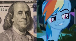 Size: 1496x808 | Tagged: safe, rainbow dash, pegasus, pony, daring don't, benjamin franklin, dollar, face, money, smug, smugdash