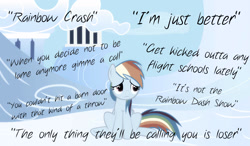 Size: 1858x1088 | Tagged: safe, artist:derp1a, rainbow dash, pegasus, pony, disembodied thoughts, insult, loser, quote, sad, solo