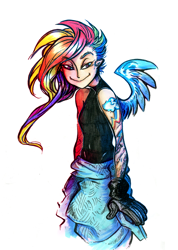 Size: 800x1122 | Tagged: safe, artist:tegraliz, derpibooru import, rainbow dash, human, humanized, solo, winged humanization