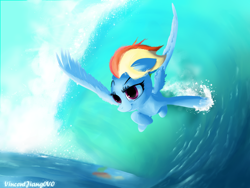 Size: 1024x768 | Tagged: safe, artist:vincentjiang0v0, derpibooru import, rainbow dash, pegasus, pony, flying, ocean, solo, water, wave