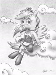 Size: 2237x2993 | Tagged: safe, artist:europeandragon, derpibooru import, rainbow dash, pegasus, pony, clothes, cloud, grayscale, grin, maid, monochrome, rainbow dash always dresses in style, socks, solo, traditional art