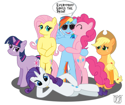 Size: 1950x1635 | Tagged: safe, artist:gil-hushpond, derpibooru import, applejack, fluttershy, pinkie pie, rainbow dash, rarity, twilight sparkle, earth pony, pegasus, pony, unicorn, aviator glasses, mane six, speech bubble, sunglasses