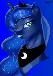 Size: 3508x4961 | Tagged: safe, artist:skyart301, princess luna, alicorn, pony, blue background, bust, grin, looking at you, simple background, smiling, solo