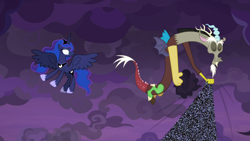 Size: 1920x1080 | Tagged: safe, screencap, discord, princess luna, alicorn, pony, the summer sun setback, cloud, discord being discord, fourth wall, static, surprised, wide eyes