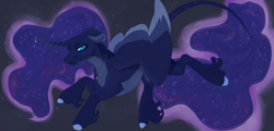 Size: 2700x1300 | Tagged: safe, artist:isorrayi, princess luna, alicorn, pony, alternate design, colored wings, countershading, curved horn, female, horn, looking at you, mare, multicolored wings, solo, wings