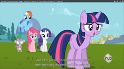 Size: 1366x768 | Tagged: safe, derpibooru import, screencap, pinkie pie, rainbow dash, rarity, spike, twilight sparkle, dragon, earth pony, pegasus, pony, unicorn, youtube caption