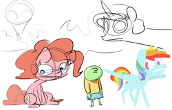 Size: 1280x818 | Tagged: safe, artist:nobody, derpibooru import, pinkie pie, princess celestia, rainbow dash, oc, oc:anon, human, hot air balloon, sketch, sketch dump