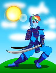 Size: 2317x3000 | Tagged: safe, artist:spellboundcanvas, derpibooru import, rainbow dash, equestria girls, armor, katana, lens flare, samurai, solo, sword, weapon