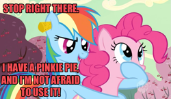 Size: 797x461 | Tagged: safe, derpibooru import, edit, edited screencap, screencap, pinkie pie, rainbow dash, earth pony, pegasus, pony, the last roundup, caption, hooves, mouth, warning