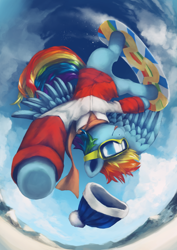 Size: 1024x1448 | Tagged: safe, artist:anticular, derpibooru import, rainbow dash, pegasus, pony, :p, clothes, female, goggles, hat, jacket, mare, snow, snowboard, snowboarding, solo, tongue out, upside down