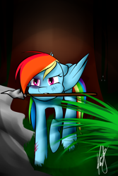 Size: 1000x1500 | Tagged: safe, artist:catopia26, derpibooru import, rainbow dash, pegasus, pony, mouth hold, solo, spear, weapon