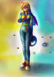 Size: 1634x2301 | Tagged: safe, artist:leadhooves, derpibooru import, rainbow dash, human, clothes, converse, humanized, jumpsuit, racing suit, shoes, sneakers, solo, unzipping
