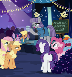 Size: 1024x1092 | Tagged: safe, artist:pixelkitties, derpibooru import, applejack, fluttershy, maud pie, ms. harshwhinny, pinkie pie, rainbow dash, rarity, twilight sparkle, twilight sparkle (alicorn), alicorn, earth pony, pegasus, pony, unicorn, bored, facehoof, female, mane six, mare, mask, microphone, night, plot, poetry, rock poetry, sleeping, spotlight, stage, unimpressed