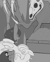 Size: 1841x2267 | Tagged: safe, artist:dusthiel, princess celestia, princess luna, alicorn, pony, grayscale, inktober, monochrome, skull, swirly eyes