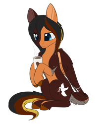 Size: 1194x1476 | Tagged: safe, alternate version, artist:dusthiel, oc, oc only, oc:daniel dasher, dracony, hybrid, pegasus, pony, coffee, commission, gift art, leonine tail, male, simple background, sitting, smiling, solo, stallion, transparent background