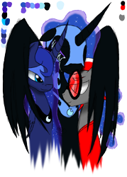 Size: 500x700 | Tagged: safe, artist:didun850, nightmare moon, princess luna, oc, oc:hyper active, alicorn, earth pony, pony, bust, clothes, crying, ethereal mane, eyes closed, female, hug, male, mare, peytral, self ponidox, simple background, stallion, starry mane, sunglasses, white background, winghug