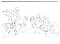 Size: 1024x745 | Tagged: safe, artist:twixyamber, derpibooru import, applejack, fluttershy, pinkie pie, rainbow dash, rarity, starlight glimmer, twilight sparkle, twilight sparkle (alicorn), alicorn, earth pony, pegasus, pony, unicorn, female, mane six, mare, monochrome, sketch