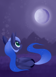 Size: 1428x1936 | Tagged: safe, artist:dusthiel, princess luna, alicorn, pony, both cutie marks, female, looking up, mare, moon, night, prone, solo