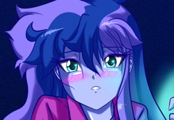 Size: 1067x739 | Tagged: safe, artist:trainbang, princess luna, vice principal luna, equestria girls, anime, blushing, bust, cute, female, looking at you, lunabetes, portrait, solo, waking up