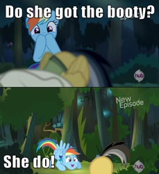 Size: 500x546 | Tagged: safe, edit, edited screencap, screencap, daring do, rainbow dash, pegasus, pony, daring don't, caption, do she got a booty, image macro, meme, out of context, plot, vulgar