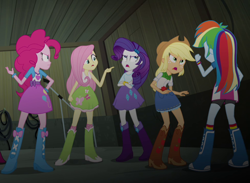 Size: 974x714 | Tagged: safe, derpibooru import, edit, edited screencap, screencap, applejack, fluttershy, pinkie pie, rainbow dash, rarity, equestria girls, rainbow rocks, angry, argument, cropped, turning against each other